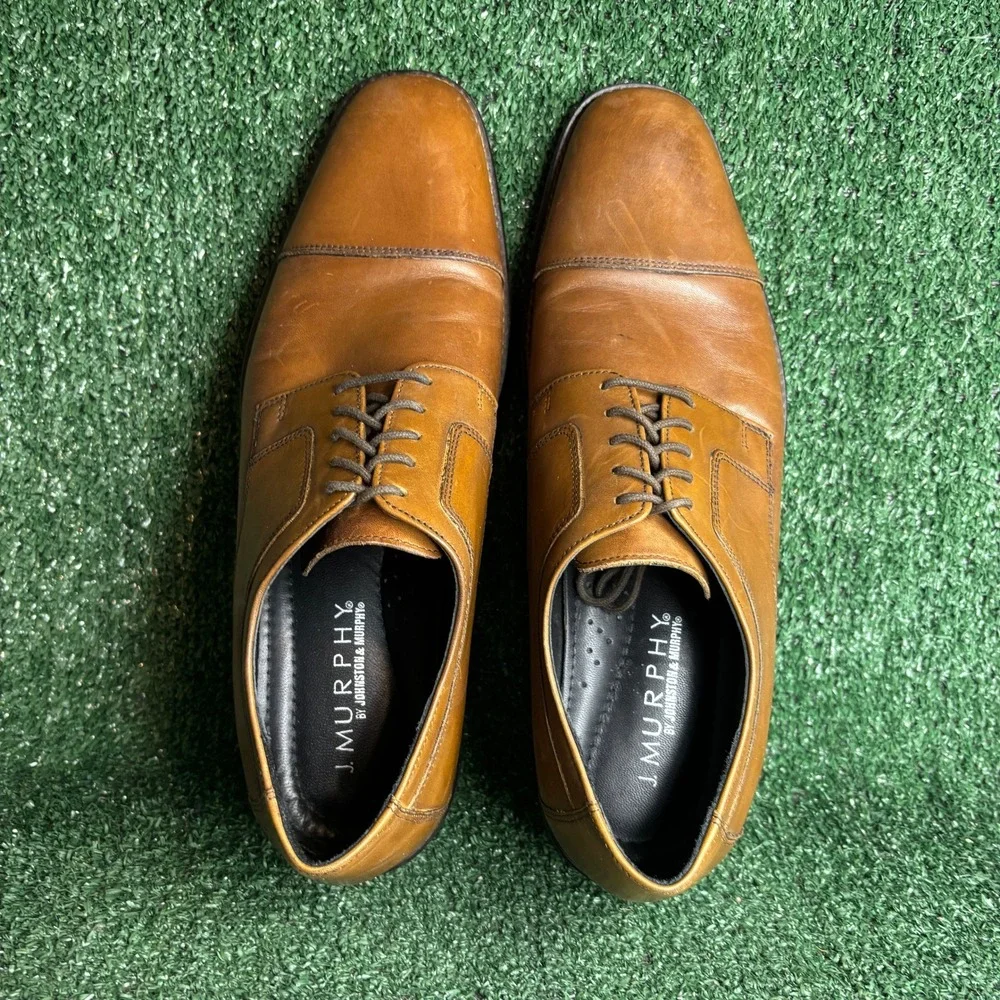 Johnson And Murphy Cap Toe Lace Up Leather Derby Dress Shoes Tan Mens Size 13 M